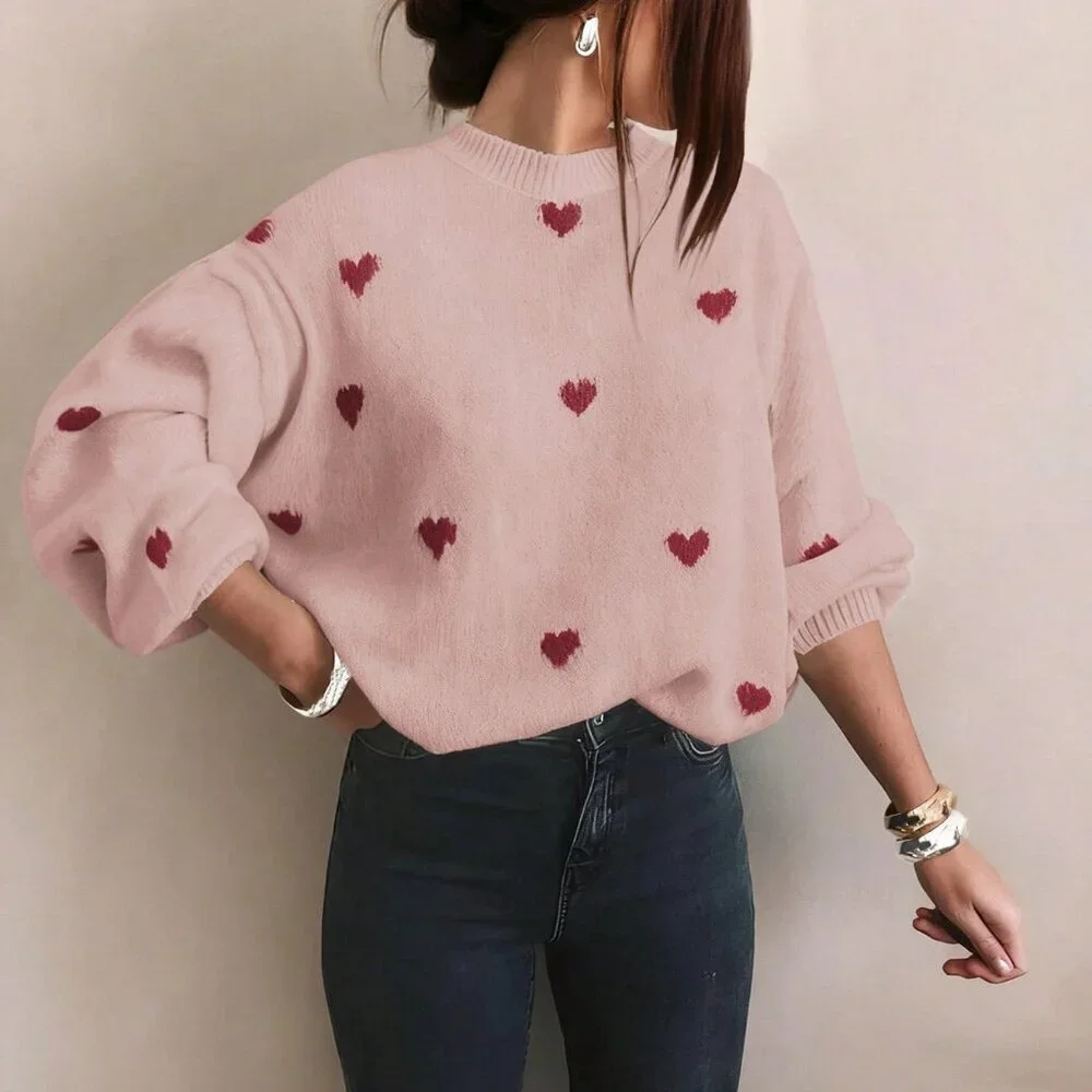 Dusty Pink Casual Women's Valentine Heart Loose-Fit Sweater